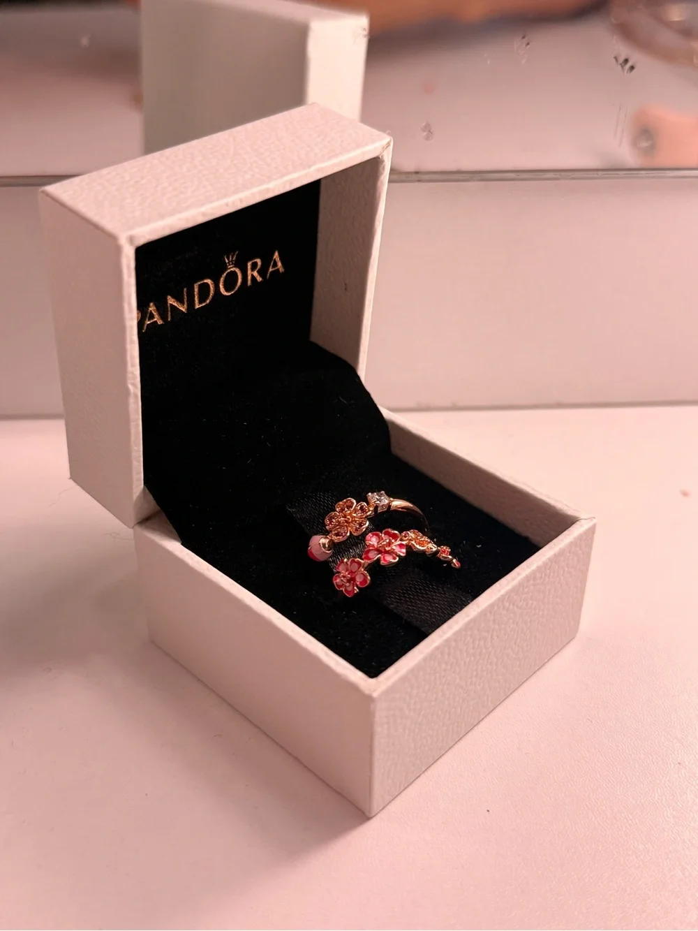 Pandora Rose Gold Tone Pink Flower Ring Set